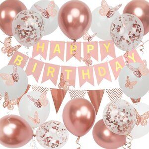 Rose Gold Birthday Decorations Women, Happy Birthday Banner for Girls Party Deco